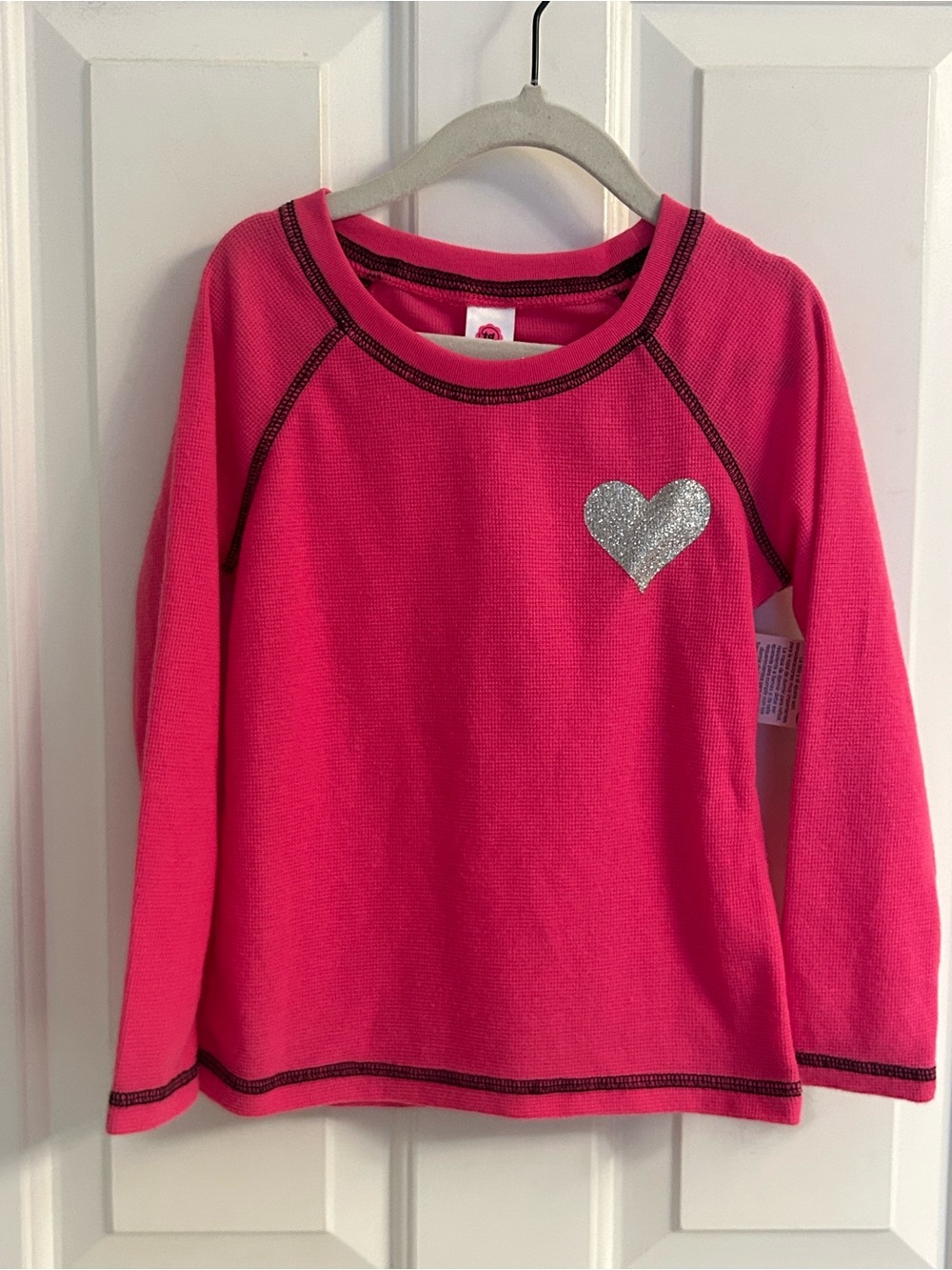 NWT-total girl Bright Pink Long Sleeve Top Pajama Top with Silver Glitter Heart